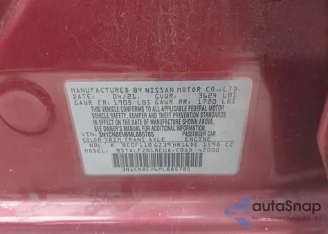 2021 Nissan Versa Sv Xtronic Cvt z USA, uszkodzony, nr VIN 3N1CN8EV6ML885785